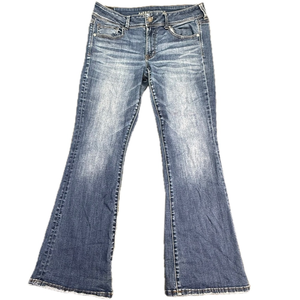 American Eagle Kick Boot Jeans Womens 12 Short Blue Super Stretch Frayed Hem